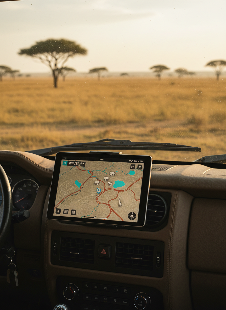 A rugged open safari landscape viewed from above the dashboard of a modern off-road vehicle, with a slim, matte-black tablet securely mounted to the center console. The tablet screen shows a clean, professional real-time WildSight map interface, with precise animal icons and vehicle markers updating across winding dirt tracks and watering holes. Late afternoon golden light streams through the windshield, casting soft highlights on textured leather surfaces and dust motes in the air. Photographic realism with an eye-level composition, shallow depth of field keeping the tablet sharply in focus while distant acacia trees and rolling savanna blur gently, conveying calm confidence, technological reliability, and quiet anticipation of sightings.