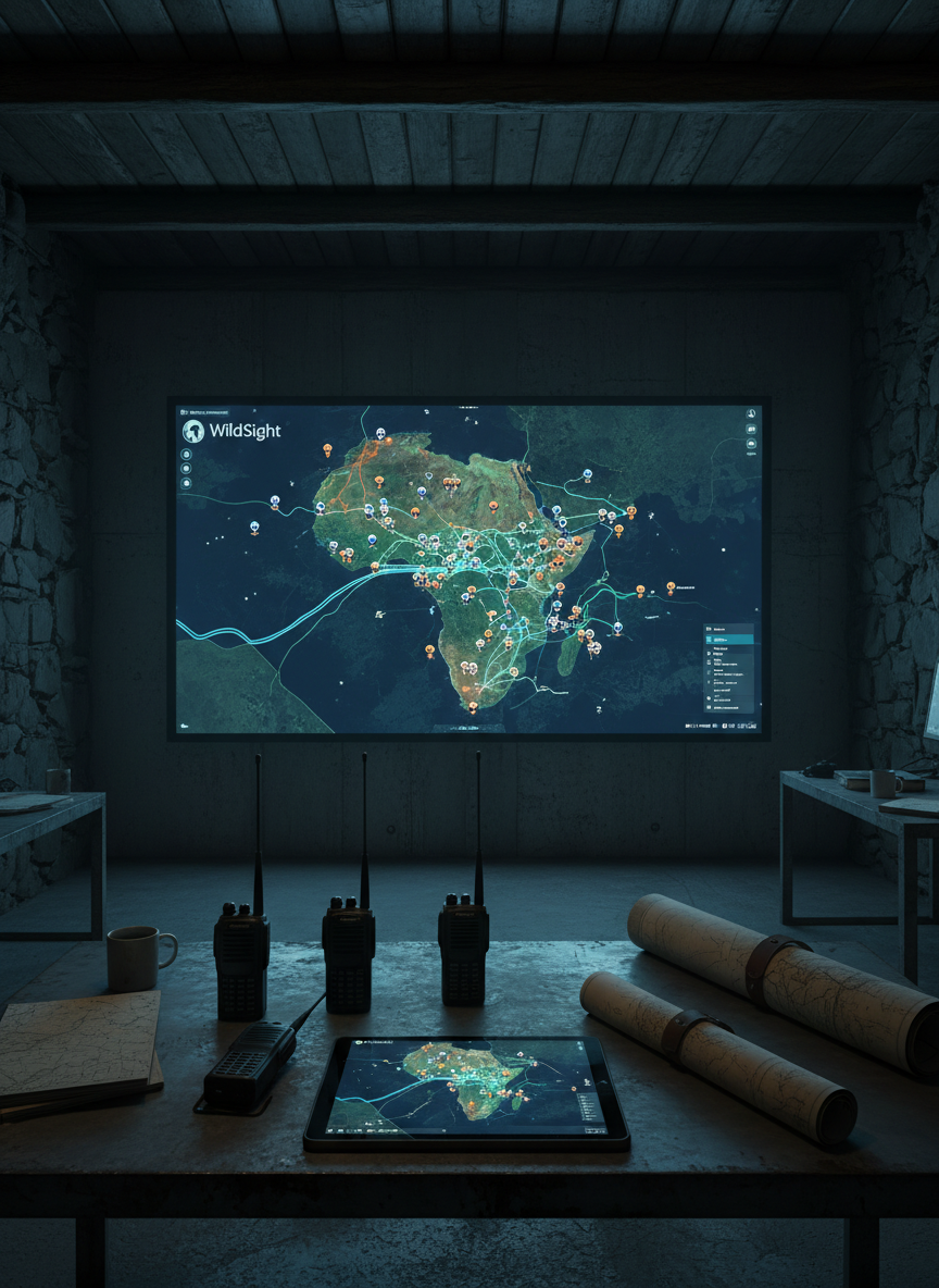 A dimly lit safari operations room with a large wall-mounted monitor displaying a live, high-resolution WildSight map of a sprawling game reserve at night. Dozens of vehicle icons and sighting markers glow softly on the dark terrain, with smooth tracking lines showing movement patterns and cluster areas. A rugged metal table in the foreground holds field radios, topographic paper maps rolled to the side, and a single tablet mirroring the central dashboard view. The cool, bluish monitor light is the primary source, casting crisp reflections and creating a focused, mission-control atmosphere. Photographic realism with a slightly wide lens and centered composition conveys strategic oversight, precision, and quiet nighttime coordination.