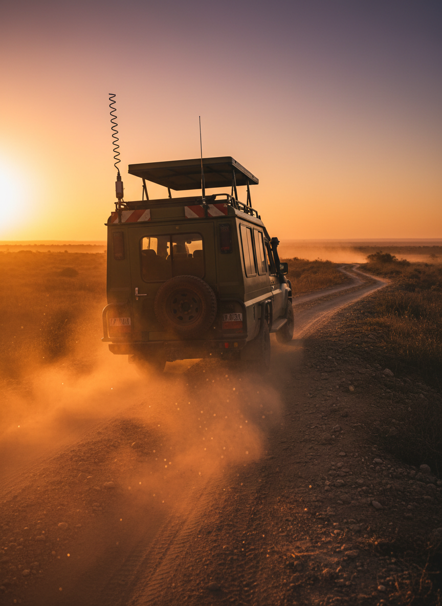A rear, exterior photographic view of a safari vehicle cresting a dusty ridge at golden hour, its silhouette sharply defined against a warm, fading sky. On the roll bar, a compact, weatherproof antenna and small roof-mounted device clearly hint at onboard connectivity for real-time data sharing. Dust trails catch the light in fine, glowing particles as the track snakes into the distance. The lighting is rich and directional, casting long shadows and a gentle halo around the vehicle outline. Shot from a low-angle perspective with a moderate depth of field, the composition feels dynamic yet professional, emphasizing the blend of rugged field conditions with dependable, unseen digital coordination.