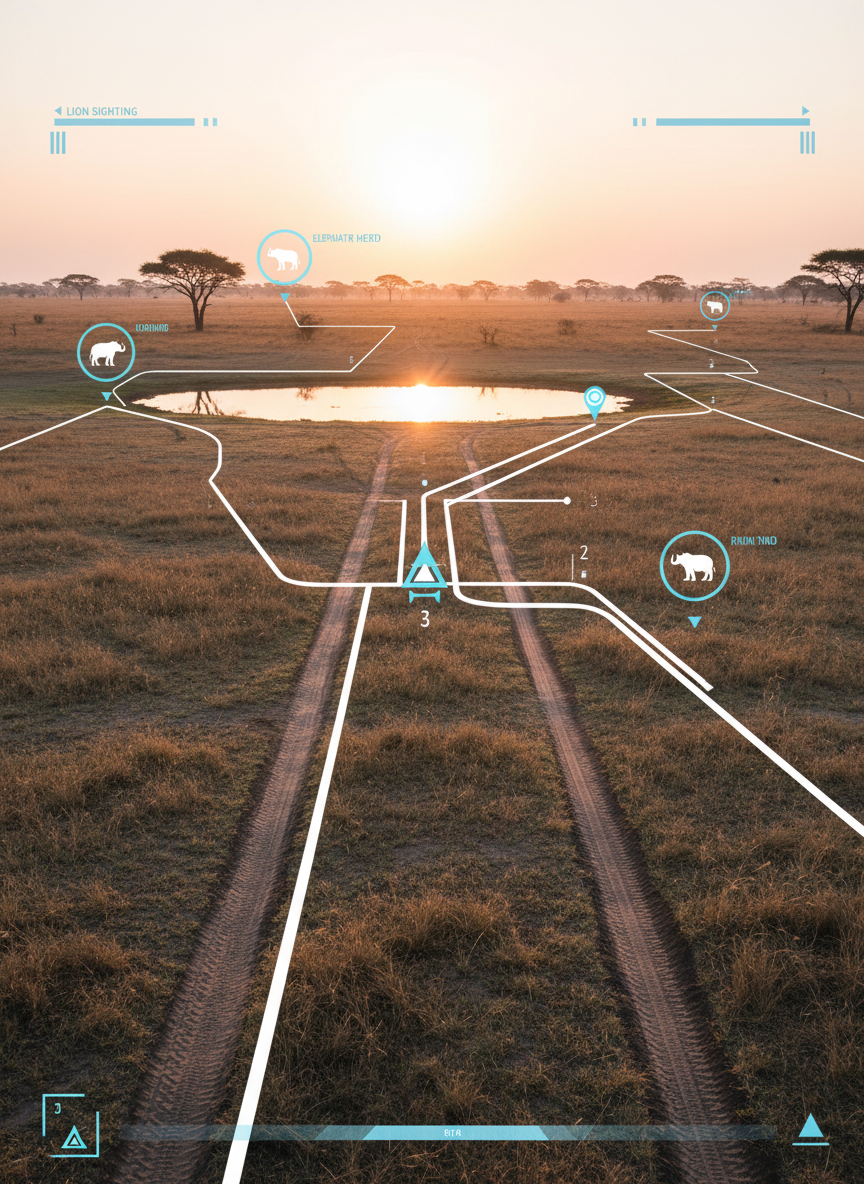 A wide, panoramic photographic view of an African savanna at sunrise, with multiple discrete tire tracks interweaving across dry grasslands and leading toward a shimmering waterhole in the middle distance. Subtle, semi-transparent digital overlays float above the terrain: clean GPS routes, precise waypoint icons, and labeled sighting markers for different animals, all styled with a modern professional UI aesthetic that feels native to the environment. Soft golden-pink light grazes the landscape, creating long, crisp shadows from scattered acacia trees. Captured from a slightly elevated angle with sharp focus throughout, the mood is organized and purposeful, suggesting seamless coordination and clarity in an otherwise vast, unpredictable wilderness.