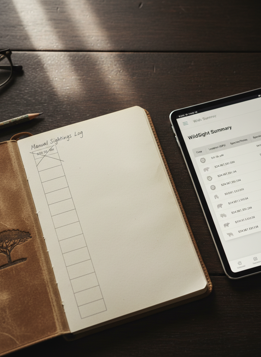 A close-up, photographic overhead shot of a rugged, weathered field notebook lying open on a dark wooden table, its pages blank except for a neatly crossed-out column labeled ‘Manual Sightings Log’. Beside it, a sleek, brushed-metal tablet rests on the same surface, its screen displaying a detailed WildSight summary of recent game drive sightings with timestamps, GPS coordinates, and icons. Soft, diffused window light from the left creates subtle reflections on the tablet glass and gently illuminates the paper’s rough fibers. The composition uses rule of thirds, with a calm, professional mood emphasizing the transition from cumbersome manual documentation to precise, streamlined digital recording in the safari context.