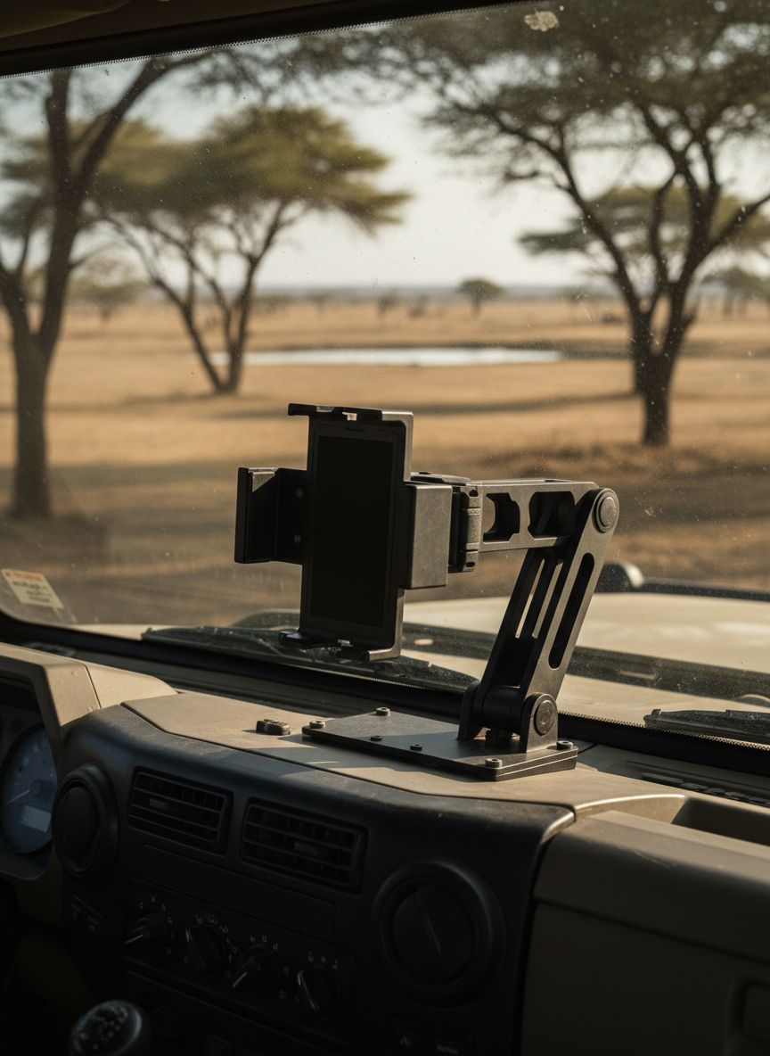An interior photographic view of a sturdy safari vehicle cabin parked beneath scattered acacia trees, centered on a purpose-built, shock-absorbing tablet mount attached firmly to the dashboard. The mount’s textured black metal frame and reinforced joints are clearly visible, engineered for rough terrain. Through the dusty windshield, a softly focused savanna stretches beyond, with a distant waterhole catching mid-morning light. Gentle, natural illumination filters into the cabin, creating subtle highlights on the mount’s contours and muted shadows on worn control panels. Captured from a slightly low, three-quarter angle, the composition feels practical and professional, emphasizing reliability, robustness, and readiness for real-time sighting coordination on bumpy game drives.