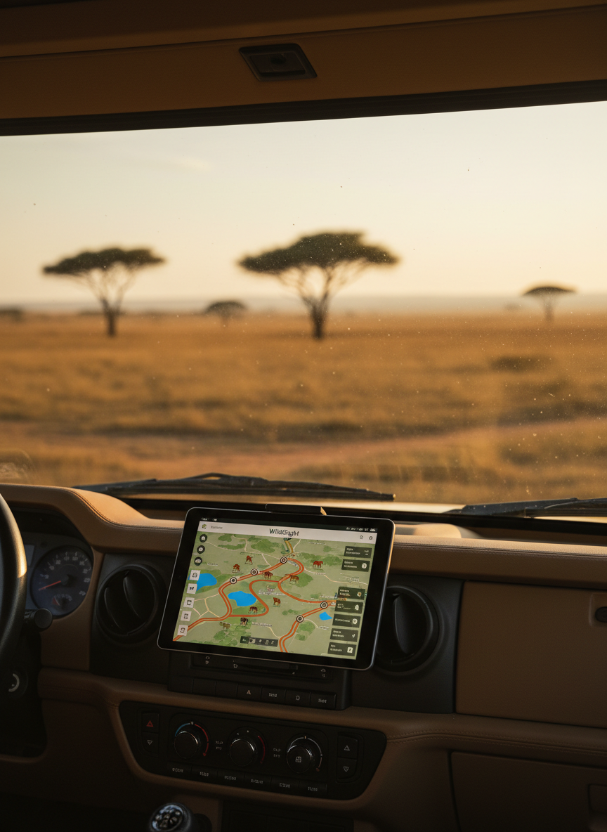 A rugged open safari landscape viewed from above the dashboard of a modern off-road vehicle, with a slim, matte-black tablet securely mounted to the center console. The tablet screen shows a clean, professional real-time WildSight map interface, with precise animal icons and vehicle markers updating across winding dirt tracks and watering holes. Late afternoon golden light streams through the windshield, casting soft highlights on textured leather surfaces and dust motes in the air. Photographic realism with an eye-level composition, shallow depth of field keeping the tablet sharply in focus while distant acacia trees and rolling savanna blur gently, conveying calm confidence, technological reliability, and quiet anticipation of sightings.