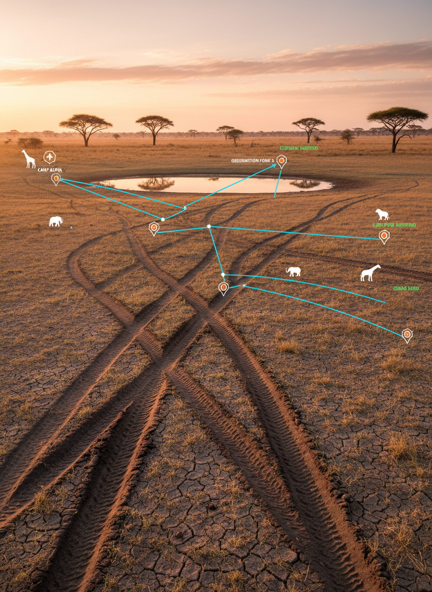 A wide, panoramic photographic view of an African savanna at sunrise, with multiple discrete tire tracks interweaving across dry grasslands and leading toward a shimmering waterhole in the middle distance. Subtle, semi-transparent digital overlays float above the terrain: clean GPS routes, precise waypoint icons, and labeled sighting markers for different animals, all styled with a modern professional UI aesthetic that feels native to the environment. Soft golden-pink light grazes the landscape, creating long, crisp shadows from scattered acacia trees. Captured from a slightly elevated angle with sharp focus throughout, the mood is organized and purposeful, suggesting seamless coordination and clarity in an otherwise vast, unpredictable wilderness.
