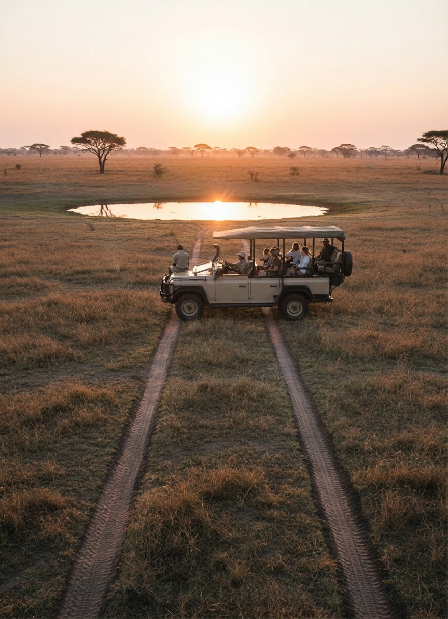 safari coordination A wide, panoramic photographic view of an African savanna at sunrise, with multiple discrete tire tracks interweaving across dry grasslands and leading toward a shimmering waterhole in the middle distance. Subtle, semi-transparent digital overlays float above the terrain: clean GPS routes, precise waypoint icons, and labeled sighting markers for different animals, all styled with a modern professional UI aesthetic that feels native to the environment. Soft golden-pink light grazes the landscape, creating long, crisp shadows from scattered acacia trees. Captured from a slightly elevated angle with sharp focus throughout, the mood is organized and purposeful, suggesting seamless coordination and clarity in an otherwise vast, unpredictable wilderness.