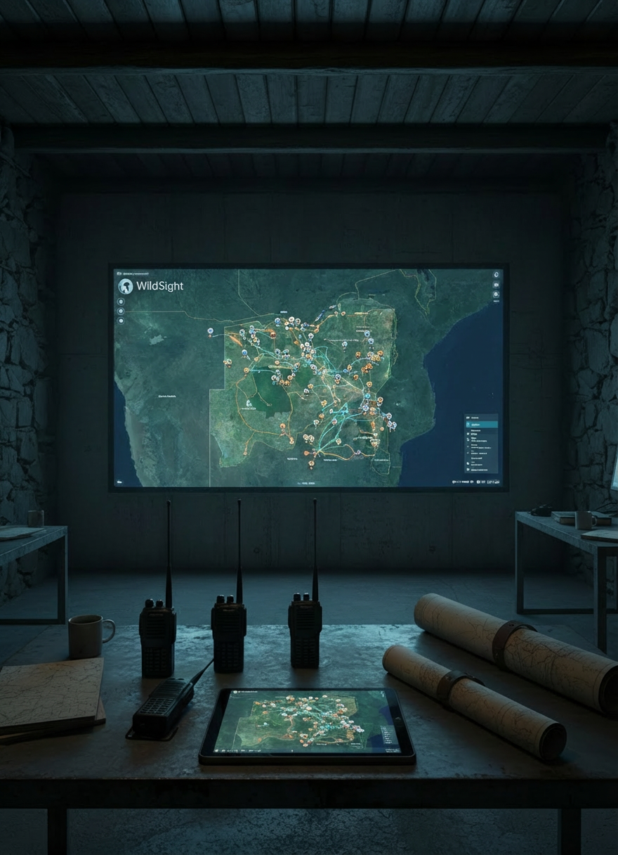 safari coordination A dimly lit safari operations room with a large wall-mounted monitor displaying a live, high-resolution WildSight map of a sprawling game reserve at night. Dozens of vehicle icons and sighting markers glow softly on the dark terrain, with smooth tracking lines showing movement patterns and cluster areas. A rugged metal table in the foreground holds field radios, topographic paper maps rolled to the side, and a single tablet mirroring the central dashboard view. The cool, bluish monitor light is the primary source, casting crisp reflections and creating a focused, mission-control atmosphere. Photographic realism with a slightly wide lens and centered composition conveys strategic oversight, precision, and quiet nighttime coordination.