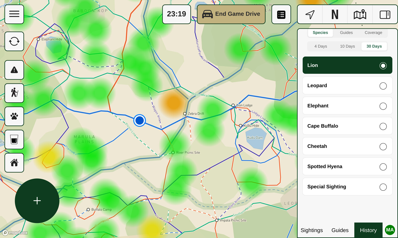 A 30-day heat map of lion sightings across the reserve, warm patches marking where the species has been seen most often, with a species selector listing lion, leopard, elephant, Cape buffalo, cheetah and spotted hyena.
